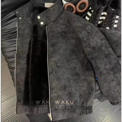 アメリカンスタイル染めPUレザージャケットメンズ春秋大きいサイズクリーンフィットスタンドカラージャケットクールショルダートップシャツ