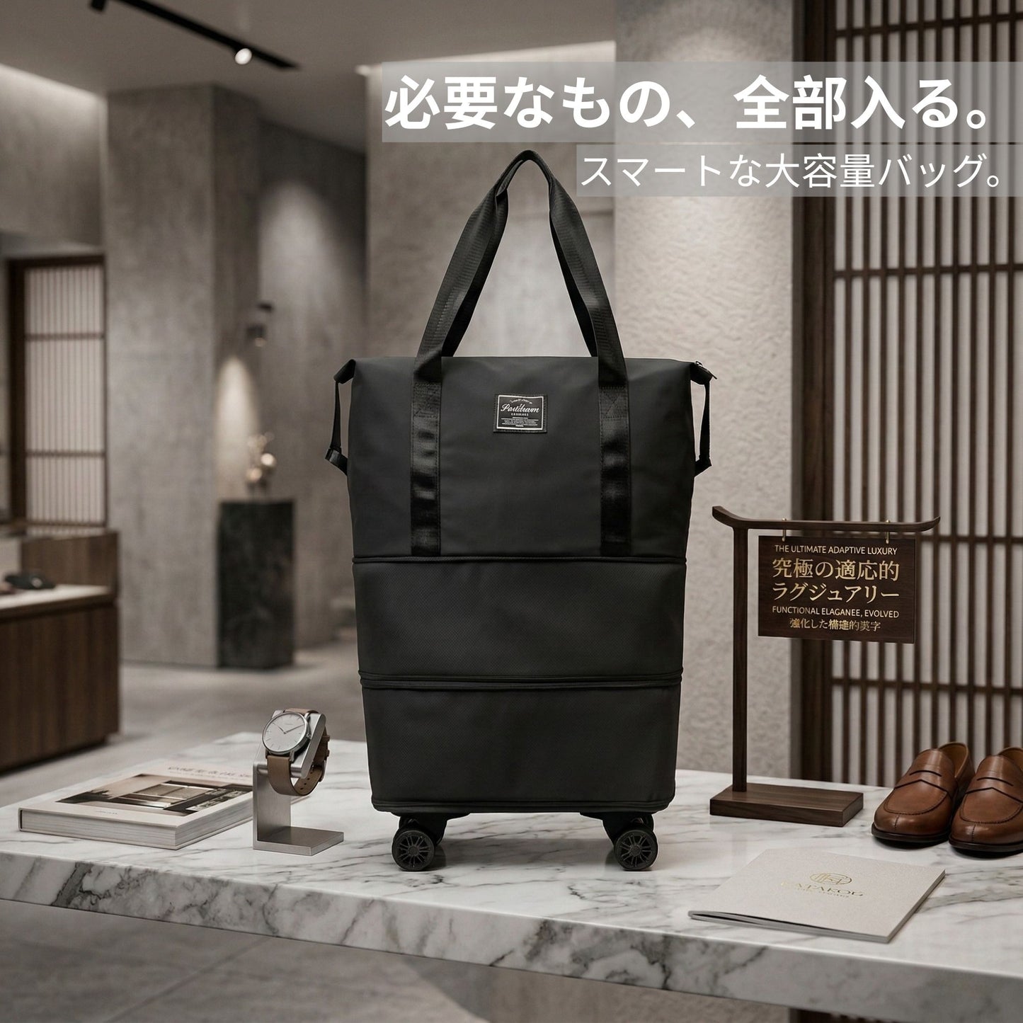 拡張可能キャスター付きトラベルバッグ｜大容量・乾湿分離収納・軽量デザイン