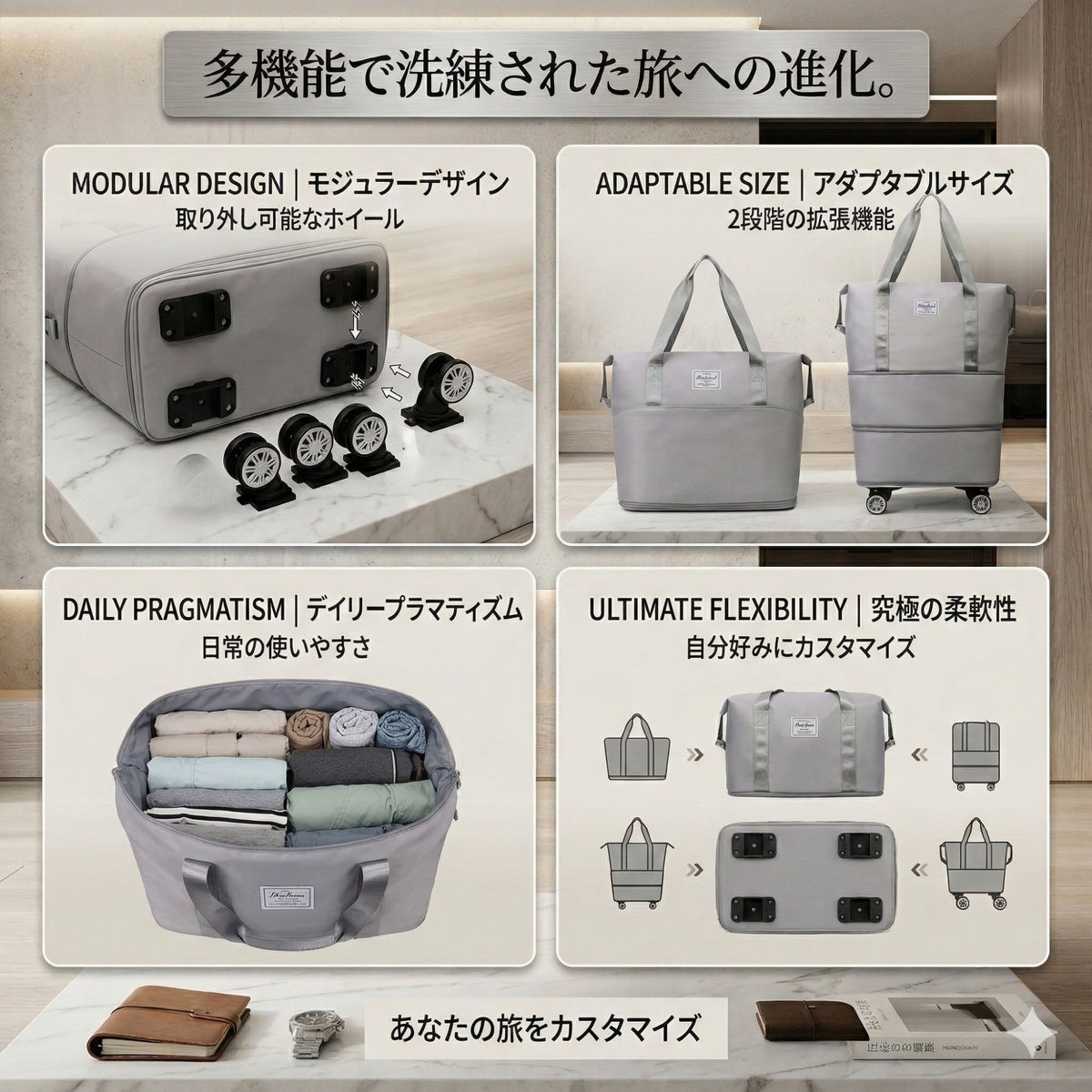 拡張可能キャスター付きトラベルバッグ｜大容量・乾湿分離収納・軽量デザイン
