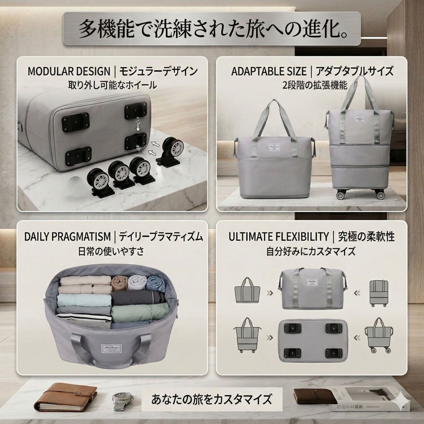 拡張可能キャスター付きトラベルバッグ｜大容量・乾湿分離収納・軽量デザイン