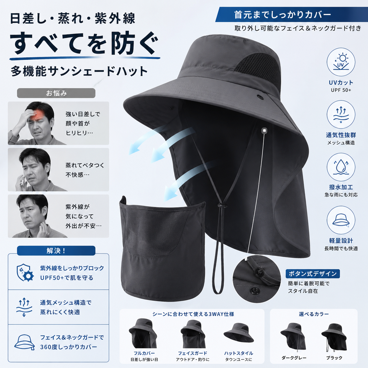 【男女兼用】UV99%カット｜遮光帽子｜首・顔・耳を完全防護