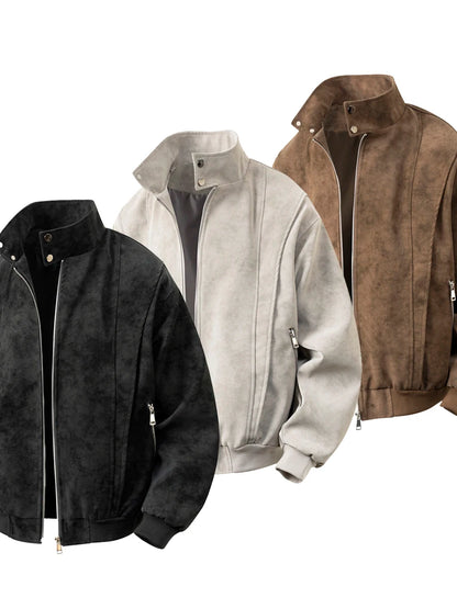 アメリカンスタイル染めPUレザージャケットメンズ春秋大きいサイズクリーンフィットスタンドカラージャケットクールショルダートップシャツ